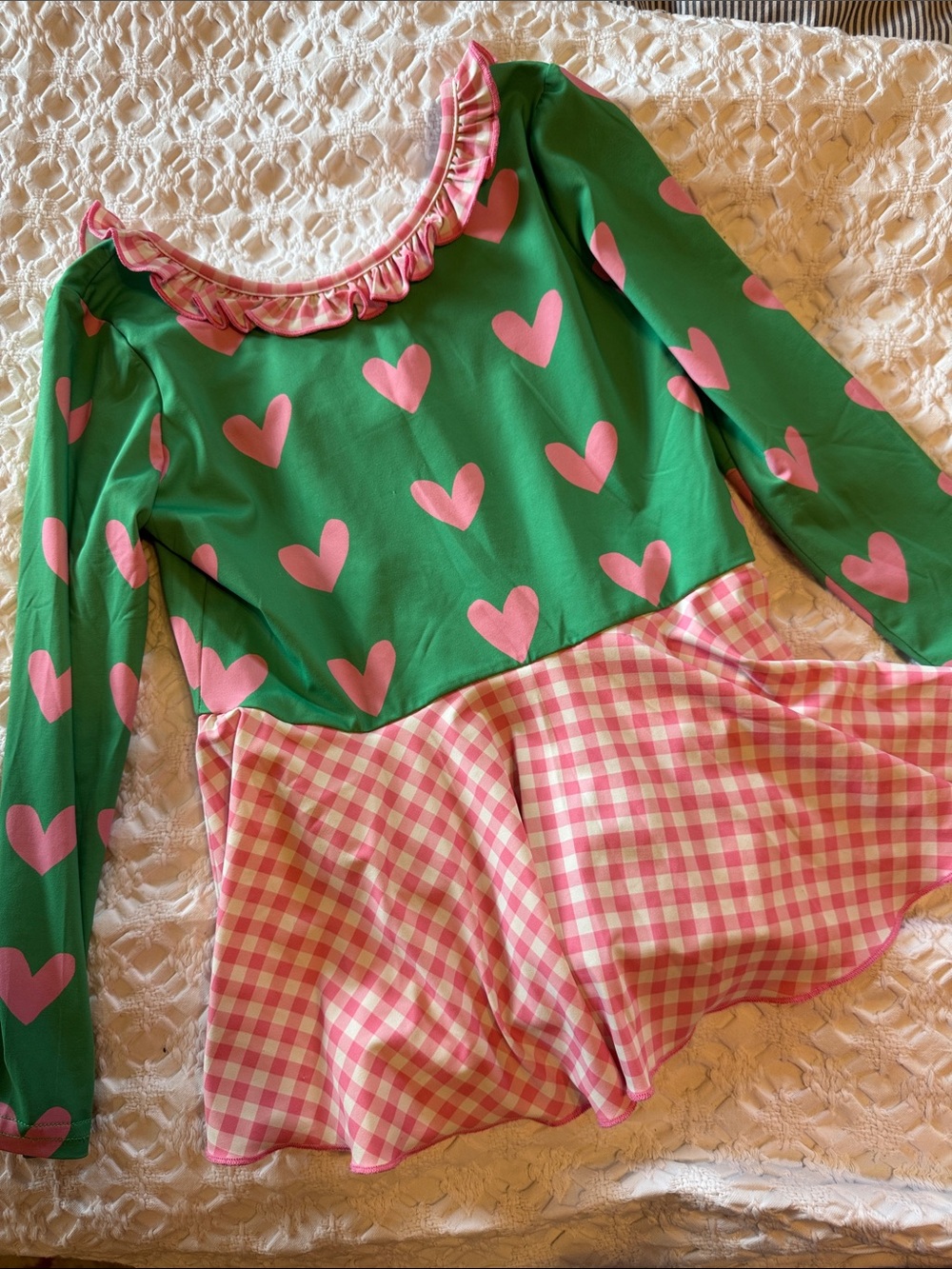 Kids Green & Pink Heart Long-Sleeve leotard with Gingham Skirt